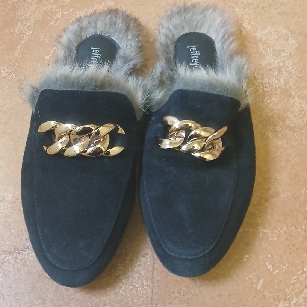 Jeffrey Campbell Black Mules with Gold Chain and Fur Trim